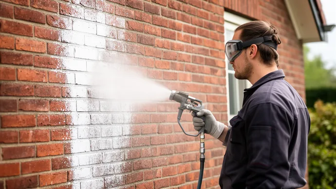 Gevelspecialist straalt een bakstenen gevel schoon met een fijne waternevel