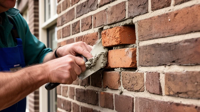 Metselaar vervangt een beschadigde baksteen in een gevel