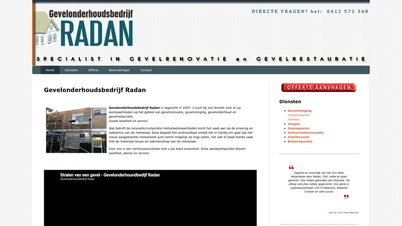 Website van Gevelonderhoudsbedrijf Radan
