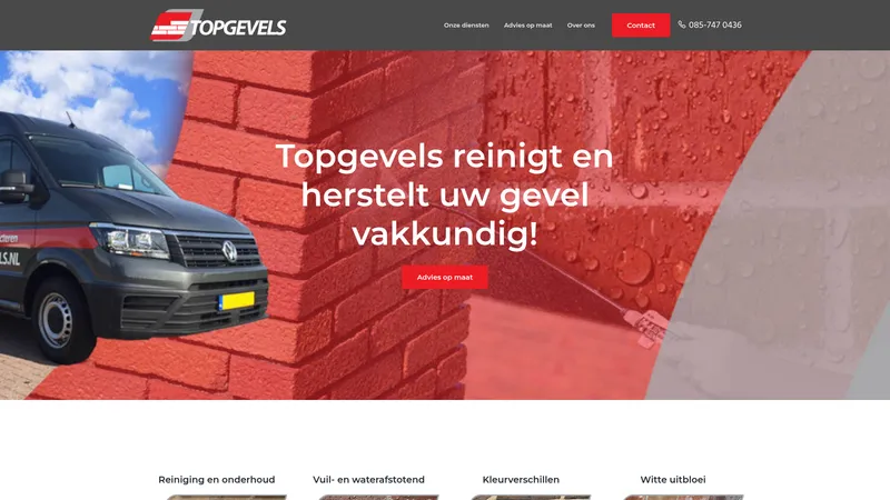 Website van Topgevels, specialist in gevelreiniging, reparatie en onderhoud, Waalwijk en omgeving
