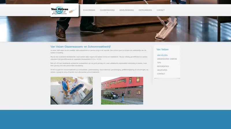 Website van Van Velzen Glazenwassers- en Schoonmaakbedrijf