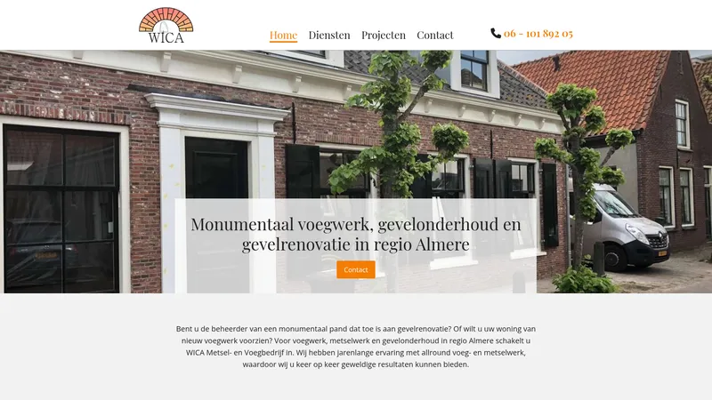 Website van WICA Metsel- en Voegbedrijf